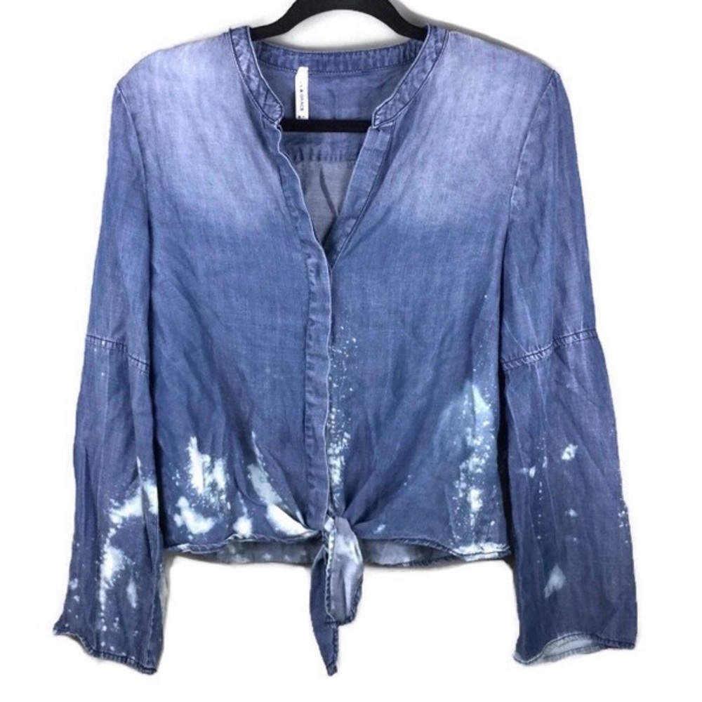 Love & Grace Bleach Splatter Split Neck Flare Sleeve Tie Waist Chambray Top